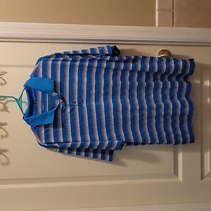 Nike Dri-Fit blue navy white striped polo shirt silver swoosh on sleeve XL EUC…